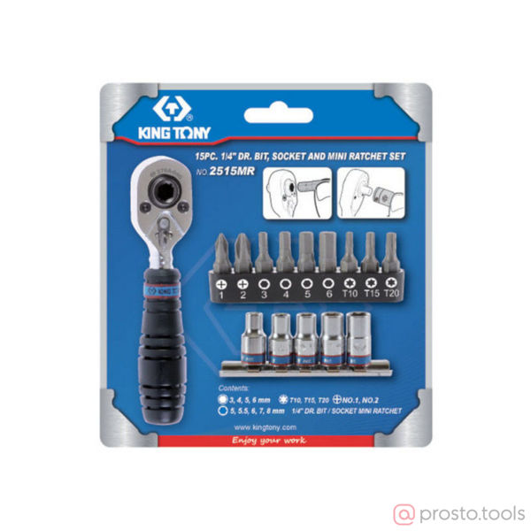 Изображение Набор вставок (бит) и головок с трещоткой 1/4" TORX, HEX, PH 15пр. //KING TONY