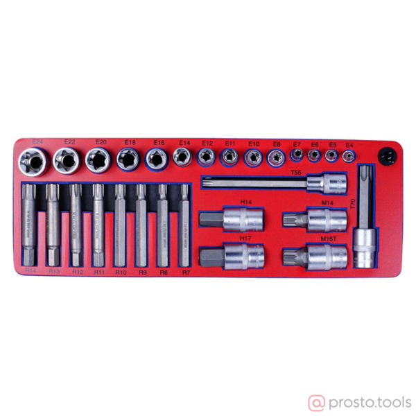 Изображение Набор головок 1/4"&3/8"&1/2" Е4-Е24 TORX и насадок в ложементе 28 предметов //МАСТАК