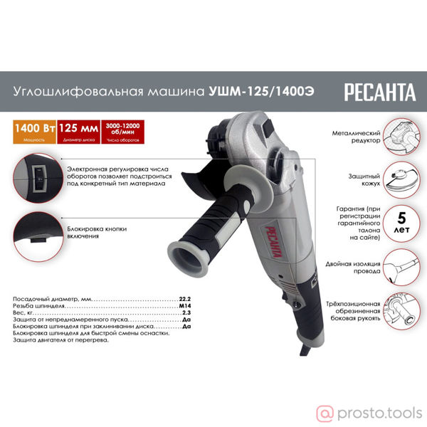 Изображение УШМ 125мм 1400Вт УШМ-125/1400Э //РЕСАНТА