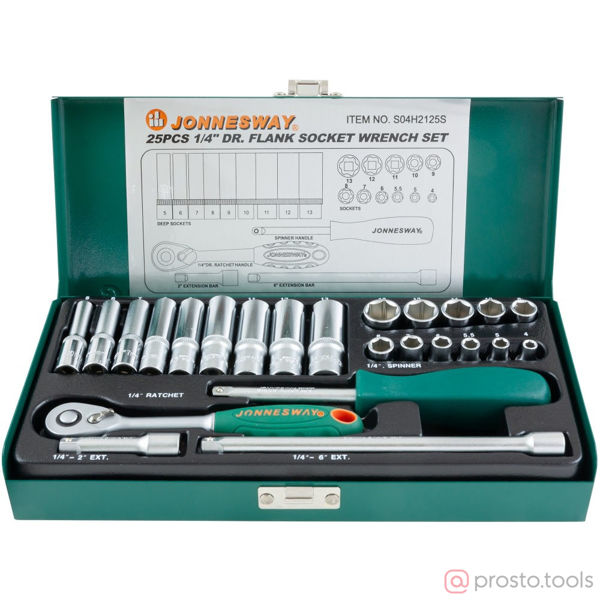 Изображение Набор головок 1/4" 4-13 мм 6 гр. 25 пред. с трещоткой S04H2125S //JONNESWAY