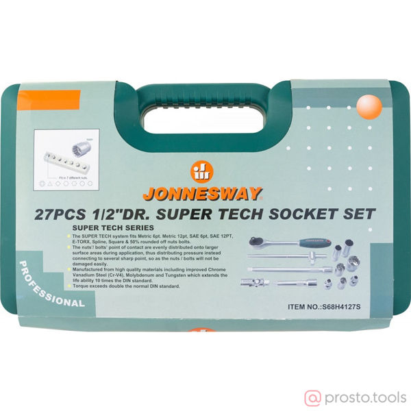 Изображение Набор головок 1/2" 8-32 мм 12 гр. 27 пред. с трещоткой Super Tech S68H4127S //JONNESWAY