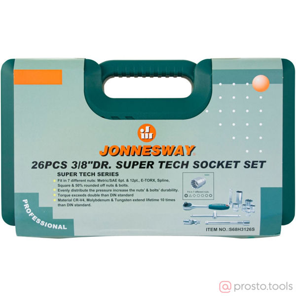 Изображение Набор головок 3/8" 6-24 мм с трещоткой 26 пред. Super Tech S68H3126S //JONNESWAY