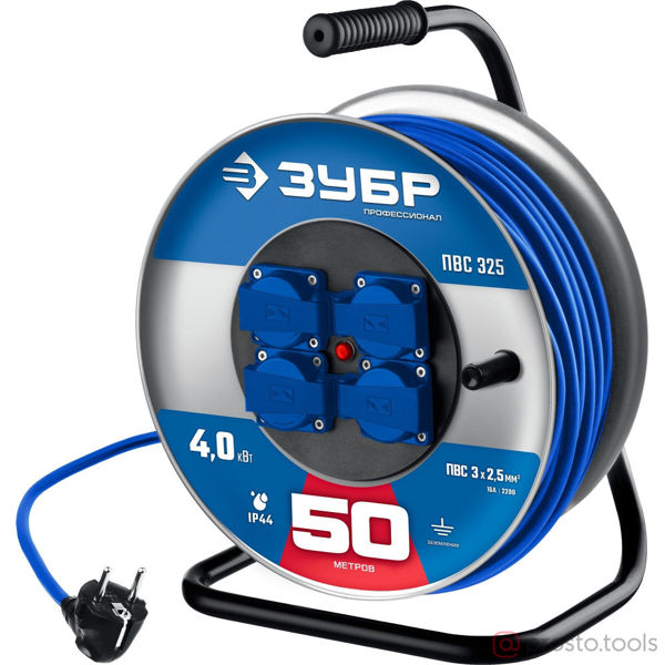 Изображение Удлинитель эл. на катушке 50м 4 гнезда ПВС 3х2,5 4000 Вт IP44//ЗУБР