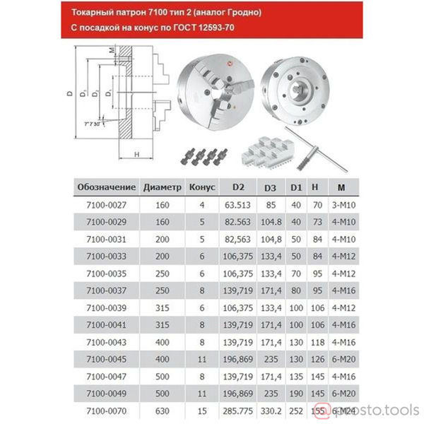 Изображение Патрон ток. 3-х кулачковый 250 мм 7100-0035П конус 6 //CNIC