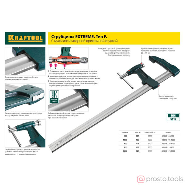 Изображение Струбцина, KRAFTOOL 32011-050-200, тип "F", DIN 5117, двухкомпонентная ручка, 50х200мм
