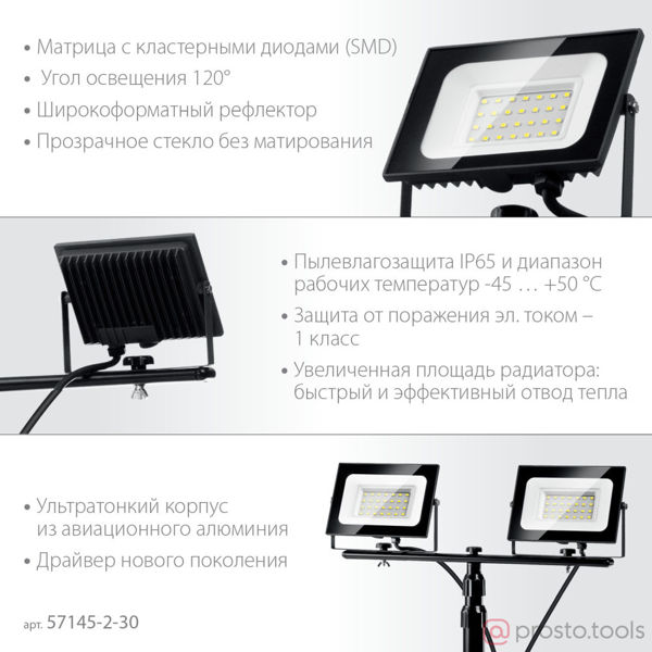 Изображение Прожектор светодиодный 2х30Вт 6500К IP 65 1,6м ПСК на штативе Профессионал //ЗУБР