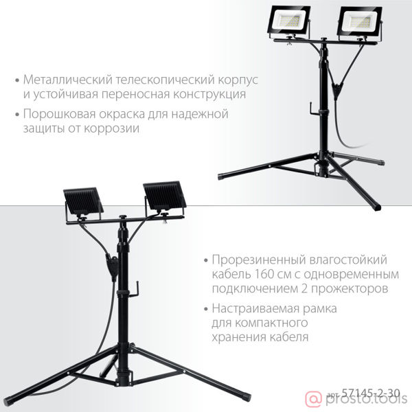 Изображение Прожектор светодиодный 2х30Вт 6500К IP 65 1,6м ПСК на штативе Профессионал //ЗУБР