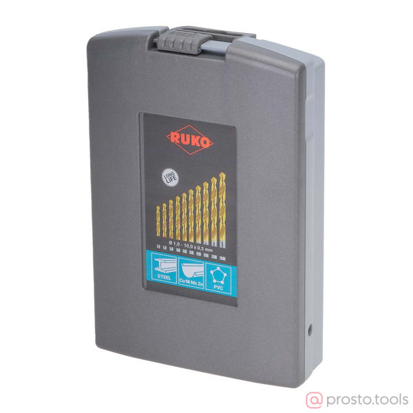 Изображение Набор сверл по металлу 1-10мм 19шт HSS-G TiN 118° DIN338 250214TRO //RUKO