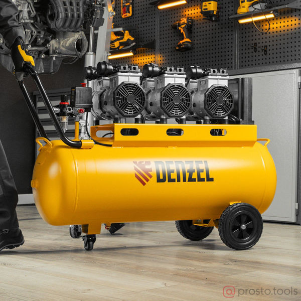 Изображение Компрессор безмаслянный DLS 3300/100 малошумный 3300 Вт, 570 л/мин 3х1100 ресивер 100 л //DENZEL
