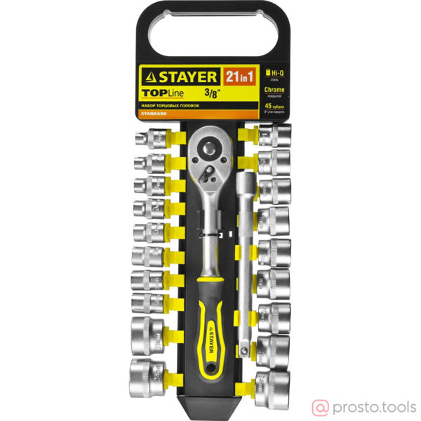 Изображение Набор STAYER "STANDARD": Торцовые головки (3/8") на пластиковом рельсе, трещотка, удлинитель, 6-24мм
